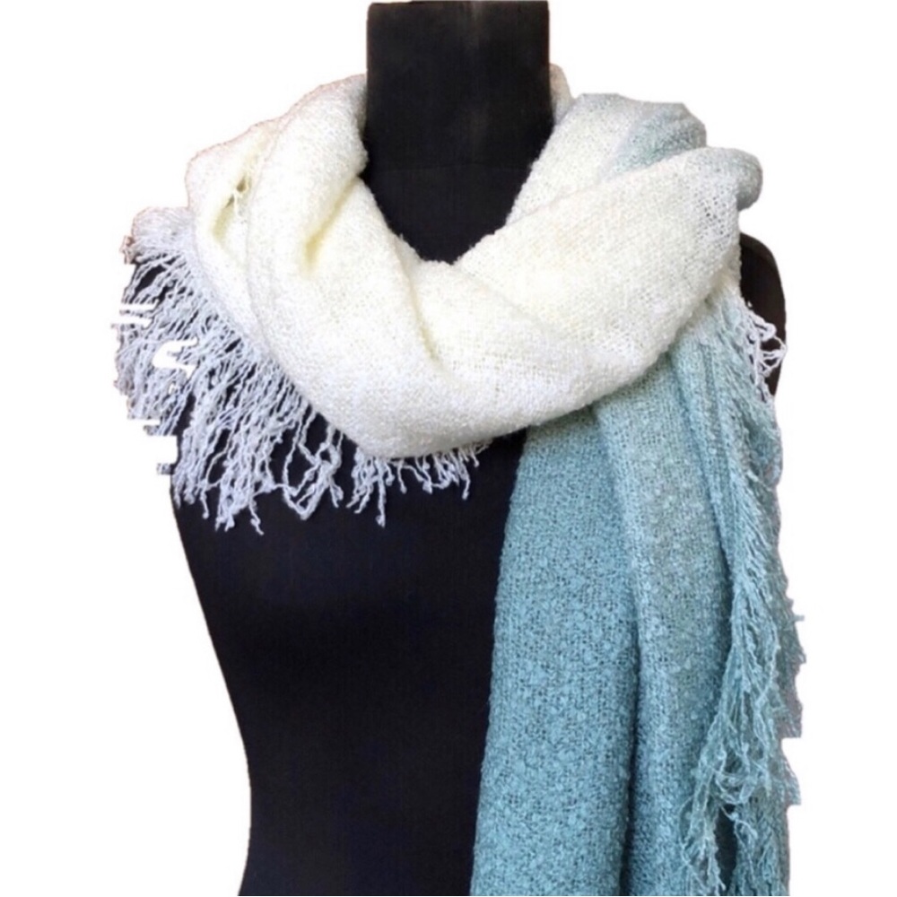 White & Teal Ombré Fringed Scarf/Wrap, NWT